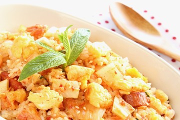 Korean cuisine kimchi fried rice with egg and sausage