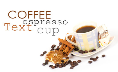 Cup of coffee with ingredients on a white background
