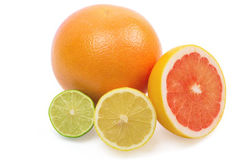 Image of a fresh whole lime, lemon and orange isolated on white