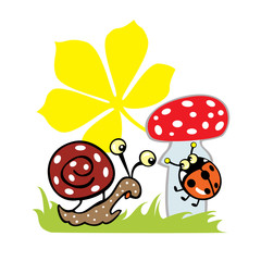 snail with lady bird and fly agaric