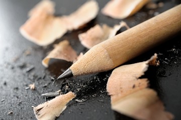 Sharpened pencil and wood shavings