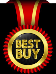Best buy golden label with red ribbons, vector