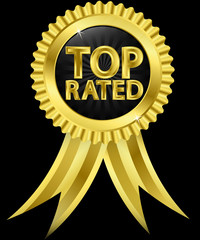 Top rated golden label with golden ribbons, vector illustration