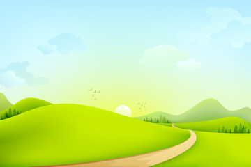 illustration vectorielle de paysage verdoyant du matin ensoleillé