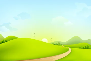Poster Im Rahmen Vektor-Illustration der grünen Landschaft des sonnigen Morgens © stockshoppe
