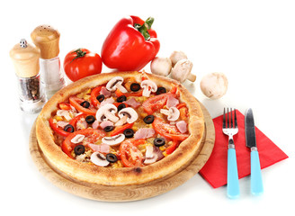 Aromatic pizza with vegetables and mushrooms isolated on white