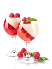fruit jelly with raspberries in glasses isolated on white