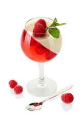 fruit jelly with raspberries in glass isolated on white