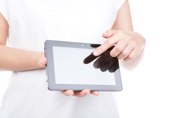  Woman hand using a touch screen device against white background