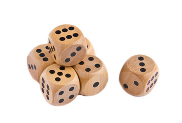 Wooden dice for board game isolated on white background