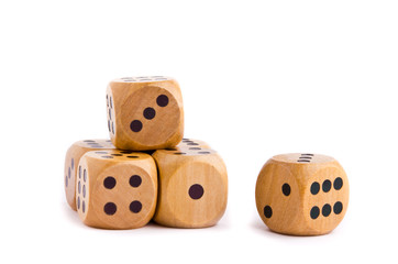 Wooden dice for board game isolated on white background