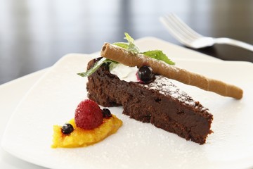 Slice of chocolate cake on white plate