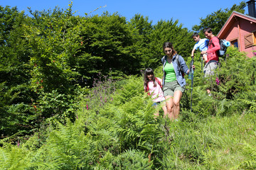 Fototapeta na wymiar Family on a hiking day going down hill