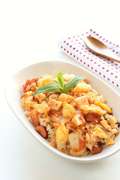 Korean cuisine kimchi fried rice with egg and sausage