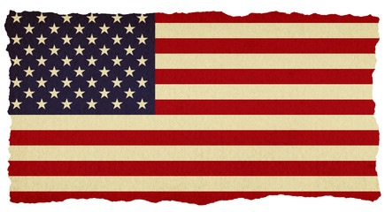 USA stars and stripes flag on old torn isolated paper.