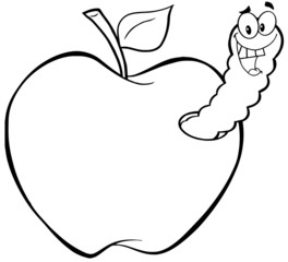 Outlined Happy Worm In Apple