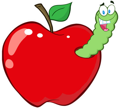 red apple with green worm cartoon clip art preview