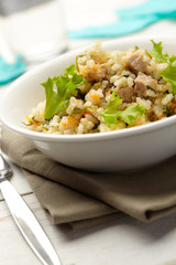 Rice with pork, carrots and spinach