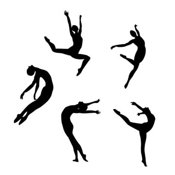 Five black silhouettes dancing(jumping) woman