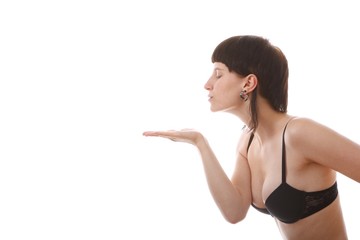 young woman pointing (white background)