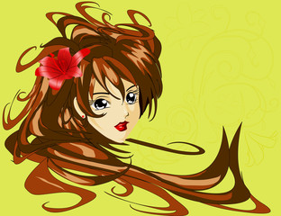 young girl with red lily in hair