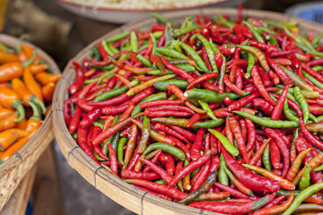 Food market with fresh chili peppers