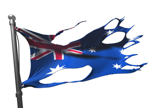 tattered australian flag on white