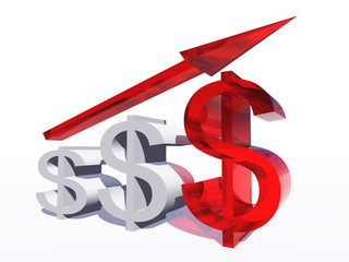 Conceptual 3D dollar symbol with red arrow pointing isolated