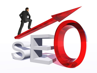 Conceptual 3D glass SEO symbol with red arrow pointing isolated