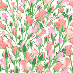 seamless pattern with pink, lilac and white roses on white