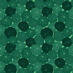 seamless pattern with leaves of nasturtium on green background