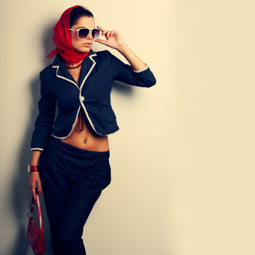 Fototapeta A photo of sexual beautiful girl is in fashion style