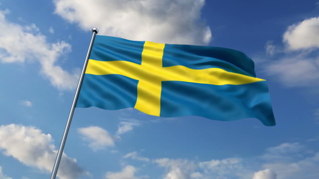 Swedish flag waving against clouds background
