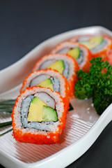 Sushi Maki with Shrimp eggs and avocado