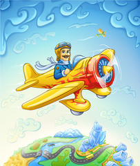 Cartoon plane with pilot flying over the earth