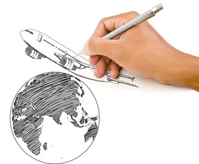 Hand Drawing Airplane for travel around the world.