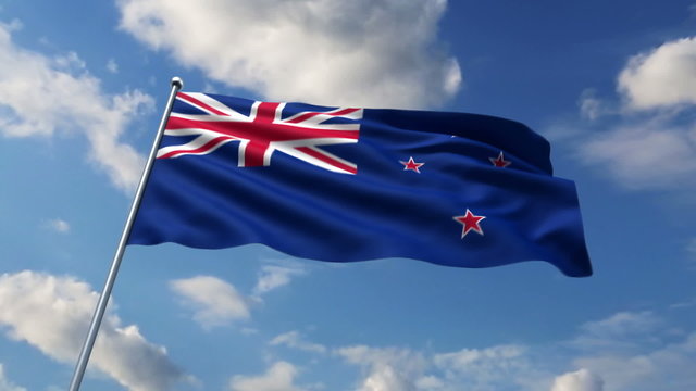 New Zealand flag waving against clouds background