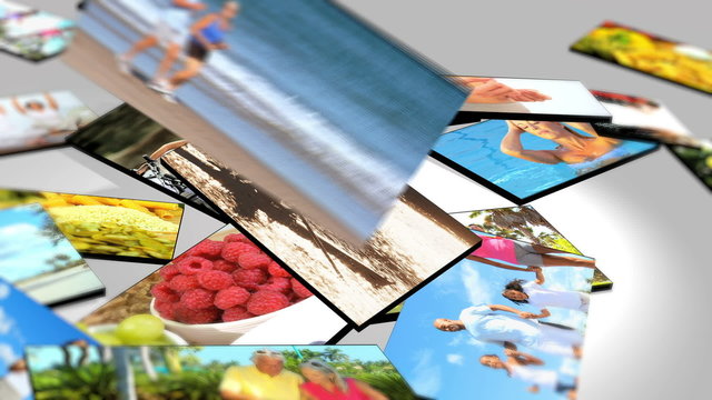 Montage 3D tablet of fitness images and healthy eating