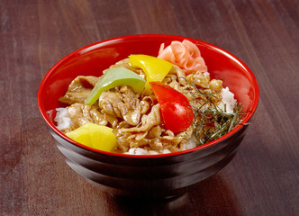 pork slice with rice and vegetable