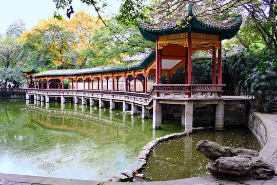 Fototapeta Chinese pavilion. Elling lake park. Chongqing city. China is.