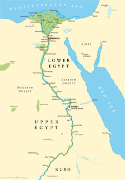 Historical map of Ancient Egypt with most important sights, with rivers and lakes. Illustration with English labeling and scaling. Vector.