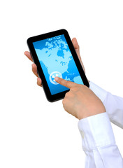 hand pushing North America Continent on a touch screen