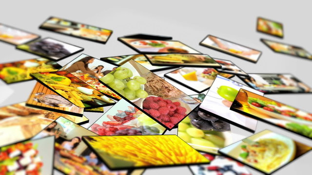 Montage 3D tablet images of Caucasian family eating healthy