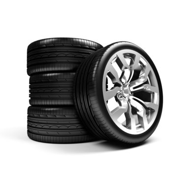 Set of car wheels isolated over white - 3d render