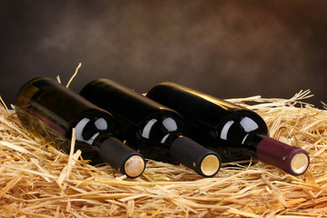 Bottles of great wine on hay on brown background