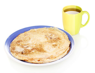 Stack of tasty pancakes isolated on white