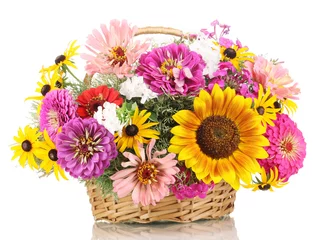 Cercles muraux Marguerites Beautiful bouquet of bright flowers in basket isolated on white