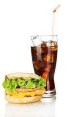 tasty sandwich and glass with cola, isolated on white