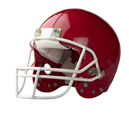 Red American football helmet isolated on a white background with