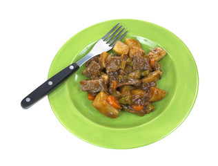 Small roast beef meal with fork on plate